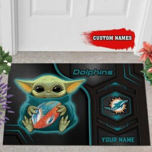 Miami Dolphins 3D Doormats Nfl Baby Yoda Custom Name 02 Dttdmat070420