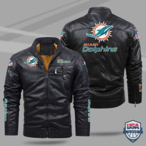 Miami Dolphins Fleece Leather Bomber Jacket NFL