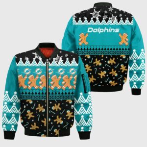 NFL Miami Dolphins Bomber Jacket Christmas Gingerbread Man Limited Edition
