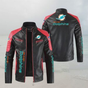 NFL new Vintage Miami Dolphins Leather Jacket Black Red