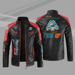 NFL Miami Dolphins Leather Jacket Fins Up Black Red