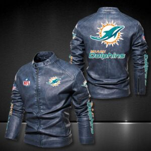 NFL new Miami Dolphins Leather Jacket Moto 3D Blue