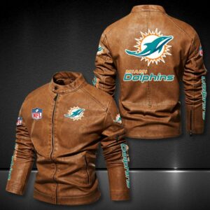 NFL Miami Dolphins bomber Leather Jacket Moto 3D Brown