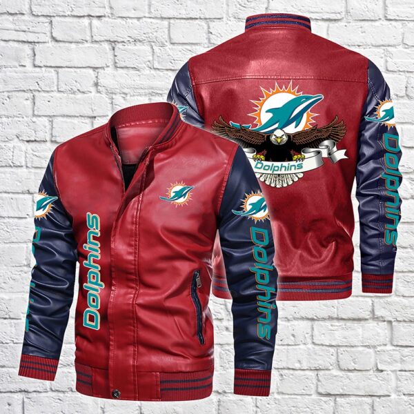 NFL Vintage Miami Dolphins LEATHER BOMBER JACKET in red