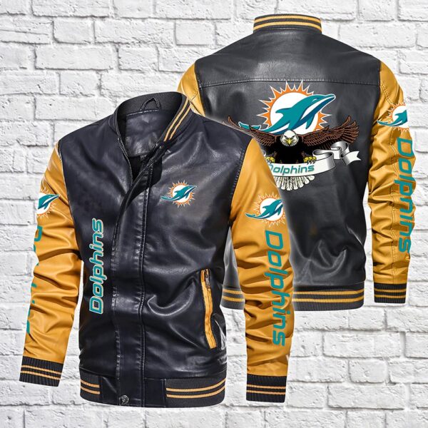 NFL Miami Dolphins BOMBER LEATHER JACKET Eagle Graphics sleeve Yellow