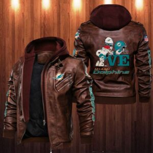 Snoopy Love Miami Dolphins Leather Jacket Brown NFL